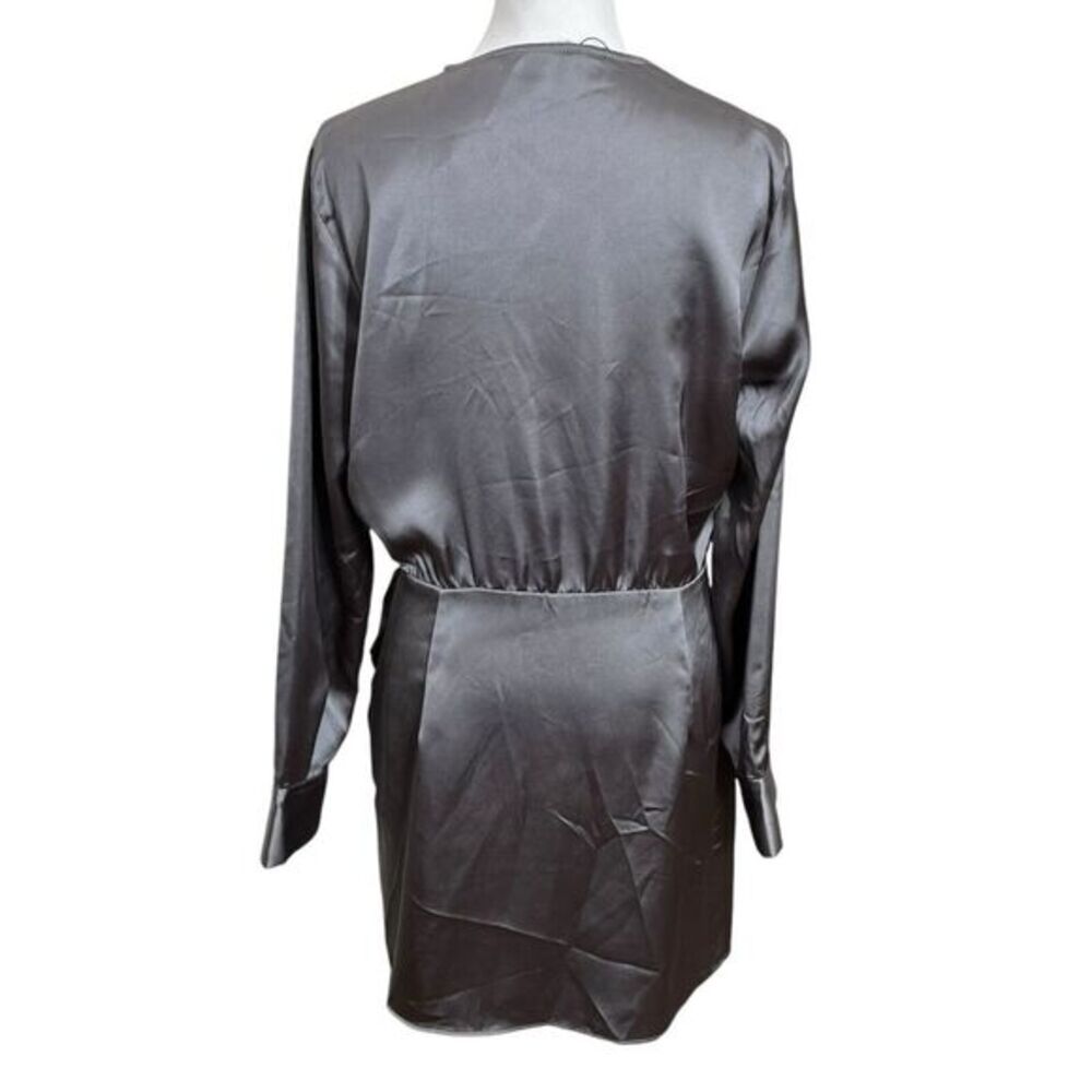ZARA Faux Wrap Mini Dress Women’s Large Charcoal Grey Satin A-Line Night Out - Picture 4 of 13